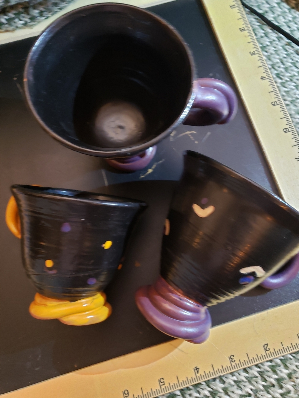 3pc Artist Signed Studio Pottery Mugs - Black & Multicolor Polka Dots